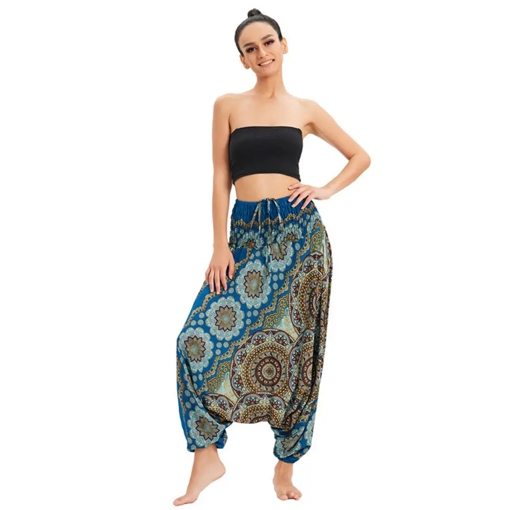 

Women Summer Yoga Sarouel Boho Printing Harem Pants Oversized Drop Crotch Trousers Elastic High Waist Faux Silk Beach Wear