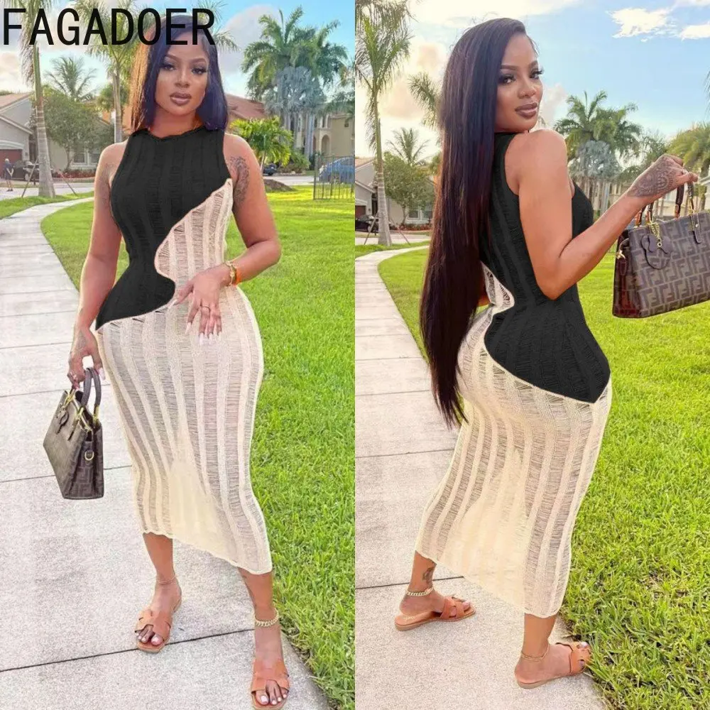 

FAGADOER Sexy Knitting Hollow Patchwork Dress Women Round Neck Sleeveless Slim Mid Dress Casual Solid Color Party Beach Vestidos
