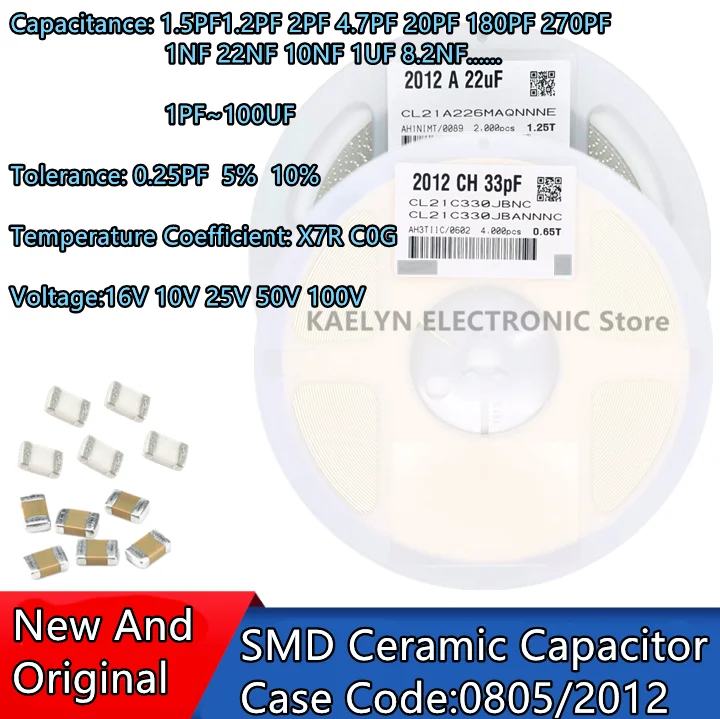 

4000PCS 0805 SMD Capacitor 1.5 2PF 2.2 5.6 3.9PF 180PF 22NF 3.3NF 3.3UF 3.9 33 100 2.2NF 50V 100V C0G X7R 0.25PF 10% 1PF~10UF