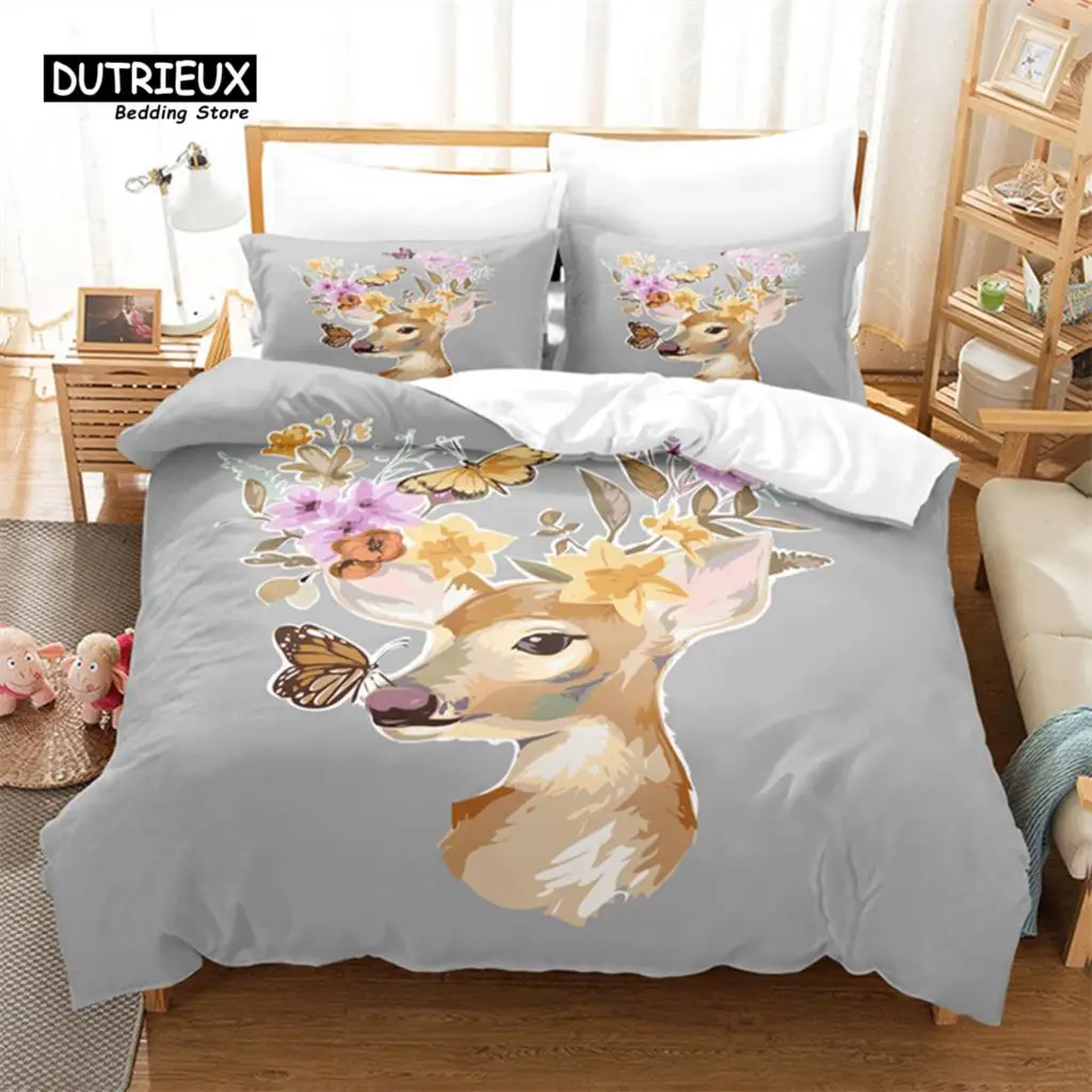 

Cartoon Elk Duvet Cover Giraffe Deer Bedding Set Full For Kids Teens Room Decor Wild Animal Floral Quilt Cover With Pillowcases