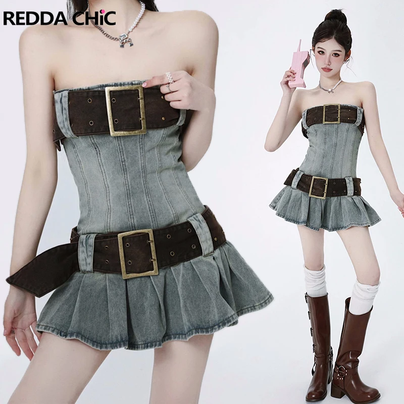 

REDDACHiC Vintage Y2K 2000s One-Piece Corset Dress with Belt Removable Mini Short Jean Denim Pleated Hottie Summer Women Bodycon