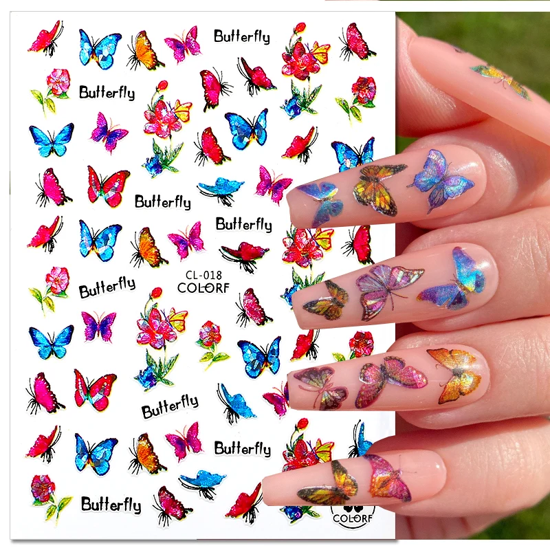 

Holographic Laser 3D Butterfly Nail Stickers Bronzing Colorful Flower Floral Nail Decals Adhesive Sliders Nail Art Decorations