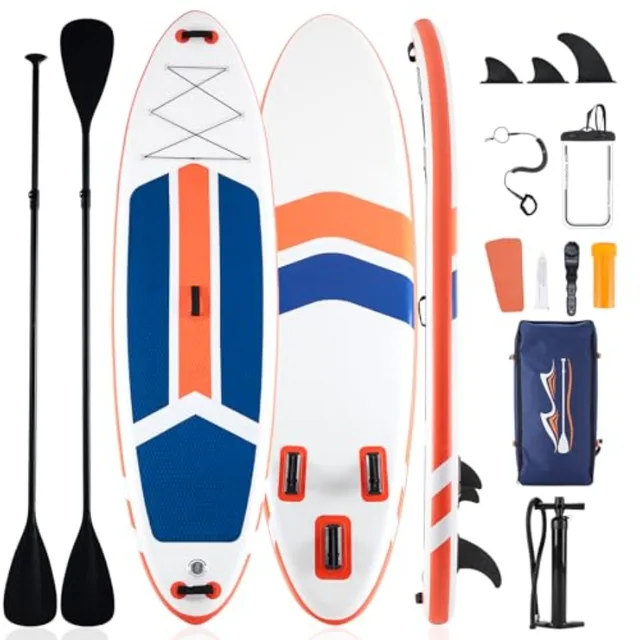 Inflatable Stand Up Paddle Board for outdoor water sports, PVC + drop-stitch material, blue-gray color, wide stable design with