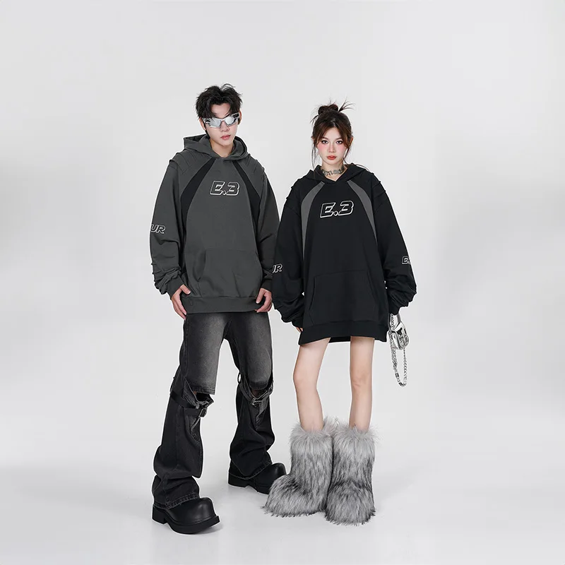 UPRAKF Color Contrast Patchwork Hoodie Streetwear Tops Harajuku Casual Autumn Oversize Long Sleeve Fashion