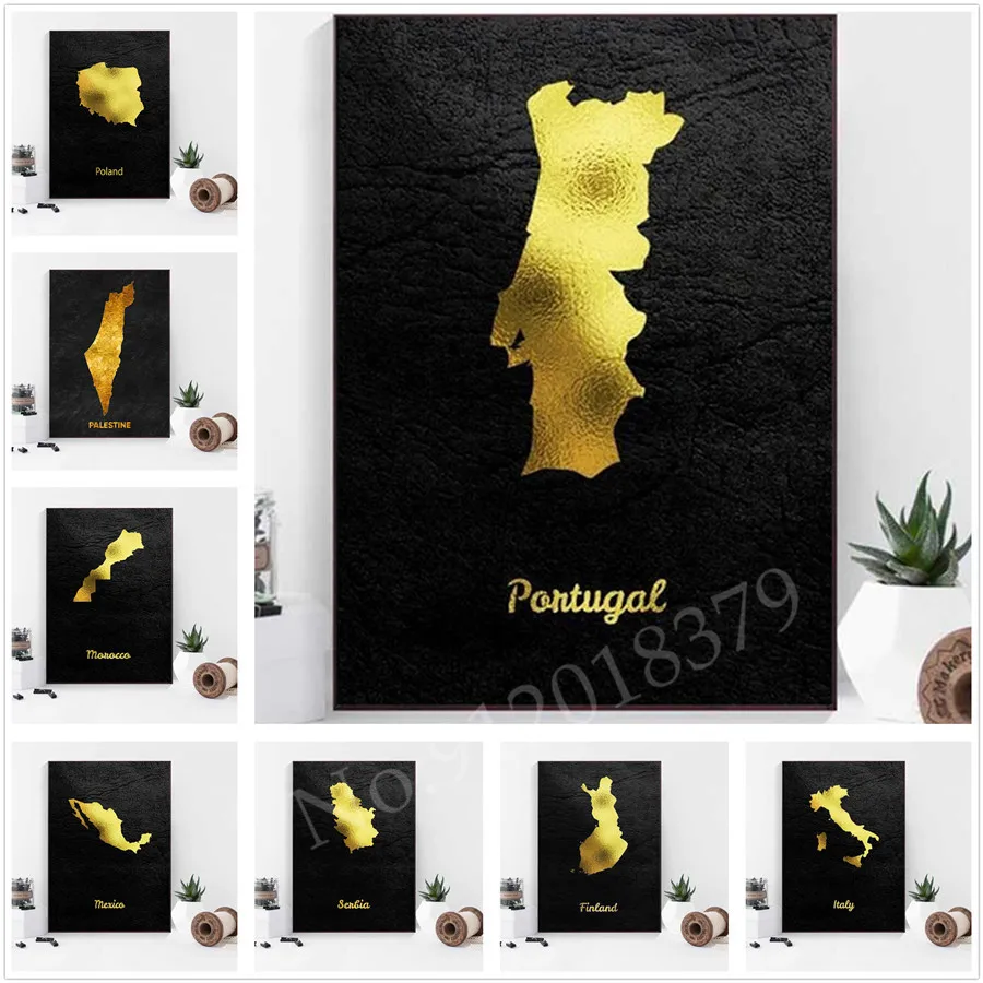 Golden Map Art Italy Polonia Marocco Portogallo Finlandia Stampa Poster Picture Wall Modern Minimalist Canvas Painting Room Decor