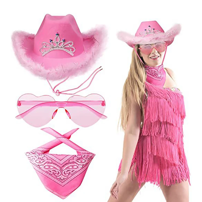 1Set Cowboy Caps Western Cowgirl Hat for Women Girl Photo Props Bandana Glasses Glamorous Cowgirl Hats Party Fedora Cap