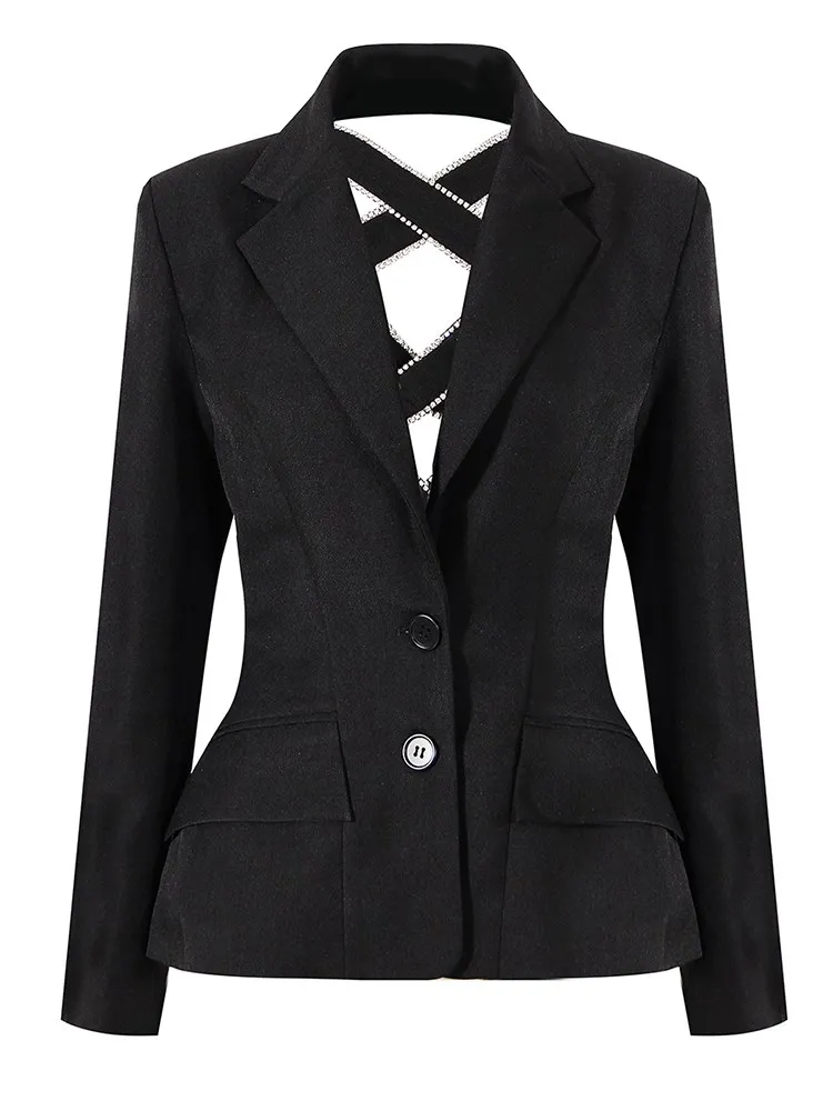 KBQ Hollow Out Crisscross Backless Blazer For Women Notched Collar Long Sleeve Spliced Lace Up Solid Blazers Female Fashion New