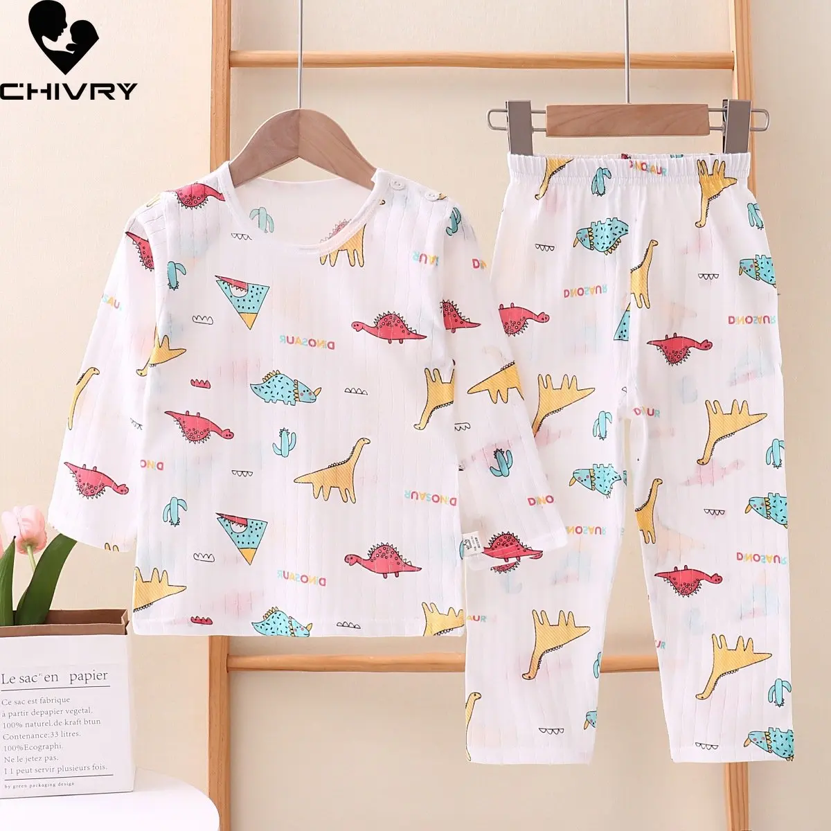 

Kids Summer Thin Pajamas New 2023 Boys Girls Cute Cartoon Print Long Sleeve T Shirt Tops with Pants Baby Sleepwear Home Wear