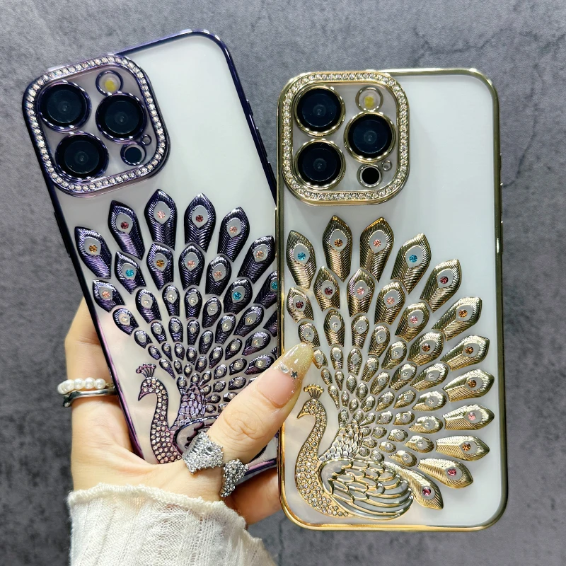 Luxury Solid Color Plating Peacock Shockproof Phone Case with Bumper Back Cover