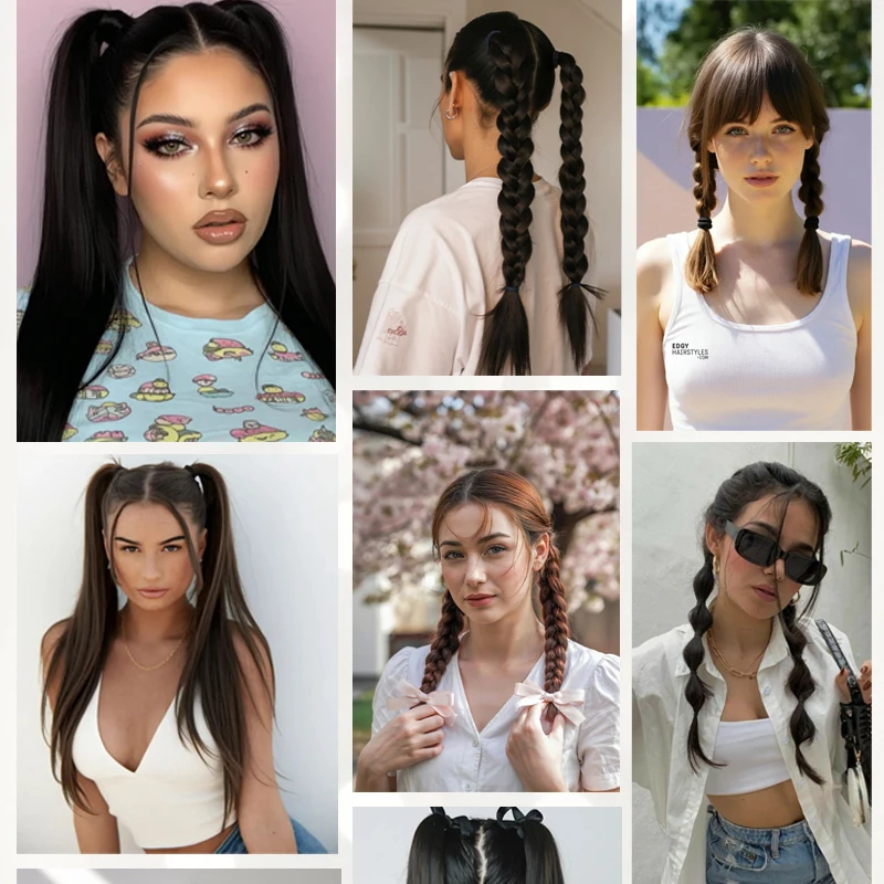 2PCS Synthetic Straight Hair Ponytail Wig 18inch Long Black Brown Ponytail Extensions with Hair Tie for Women Daily Party Use