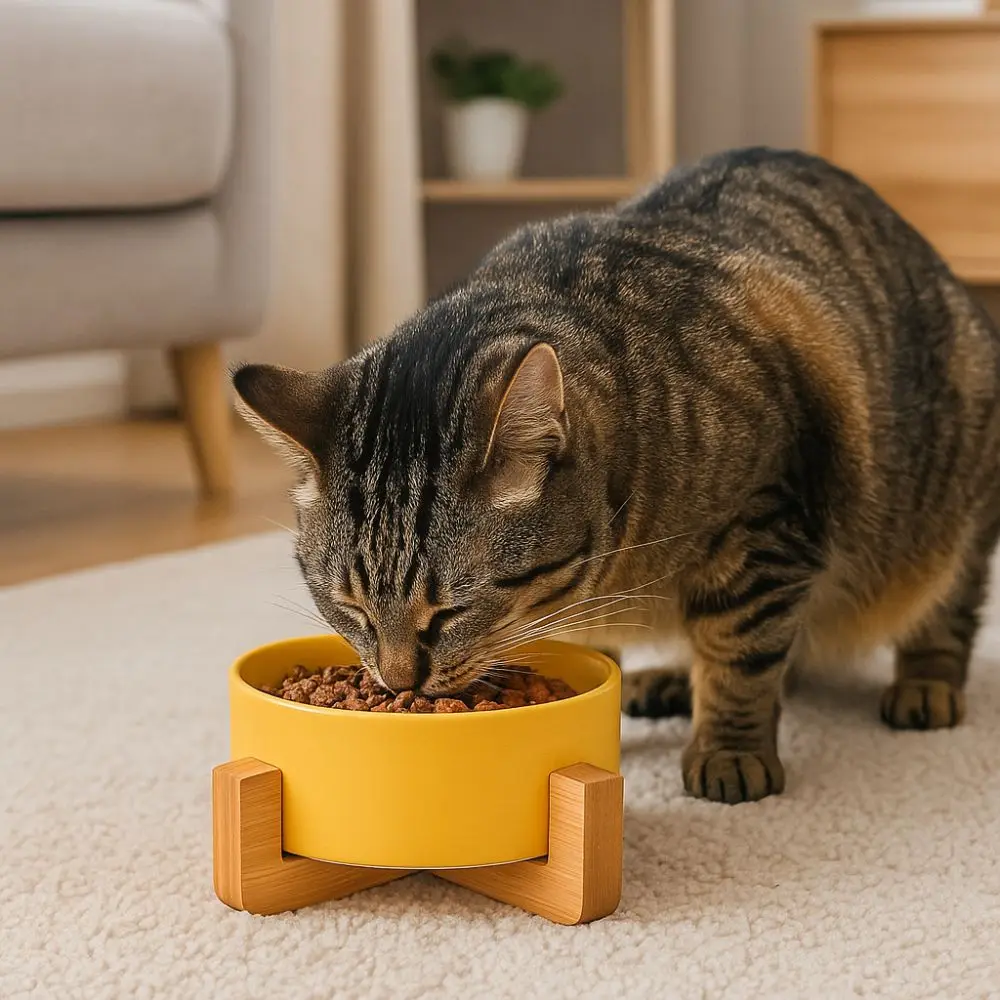 Large Caliber Ceramic Cat Bowl Anti-Overturn Cervical Spine Cat Water Food Bowl with Wooden Rack No Spill Slow Feeder Bowl
