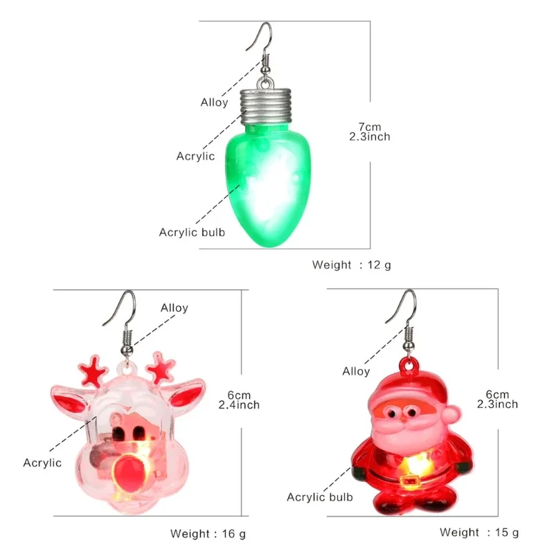 LED Christmas Earrings Glowing Light Up Earrings Santa Reindeer Snowman Christmas Tree Dangle with Lights for Party Women 4