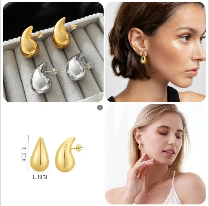 Fashion Gold Plated Chunky Dome Drop Earrings for Women Glossy Thick Teardrop Lightweight Hoops