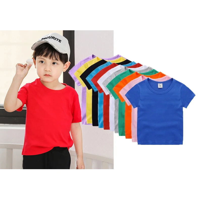 

Children Summer Basics T-shirts Solid Color Teenager Cotton Kids Short Sleeve Tees Boys and Girls Casual Style Clothes 2-14Year