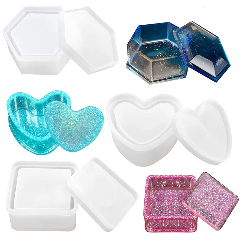 Crystal DIY Epoxy Resin Hexagonal Jewelry Box Silicone Mold Love Heart Storage Box Mold Brush Pot Resin Mold Jewelry Handcrafts