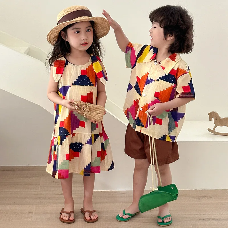 Kids Summer Outfit Boys Lapel Shirt Shorts Girls Colorful Dress