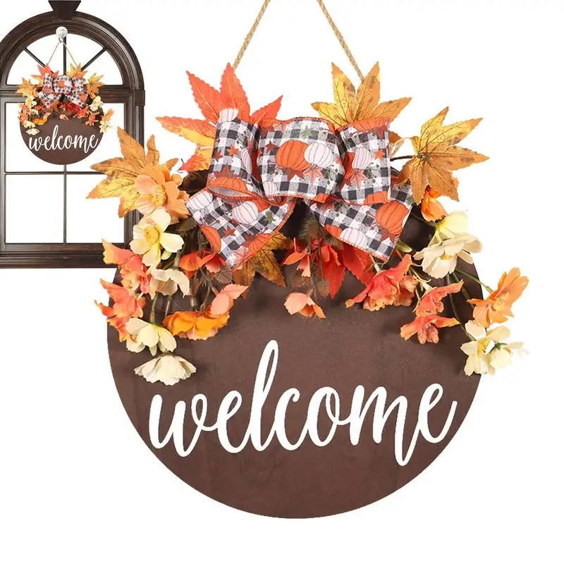 

Welcome Sign Front Door Decor Farmhouse Rustic Wooden Wall Sign With Maple And Bowknot 30cm Wreaths Wall Hangings For Front