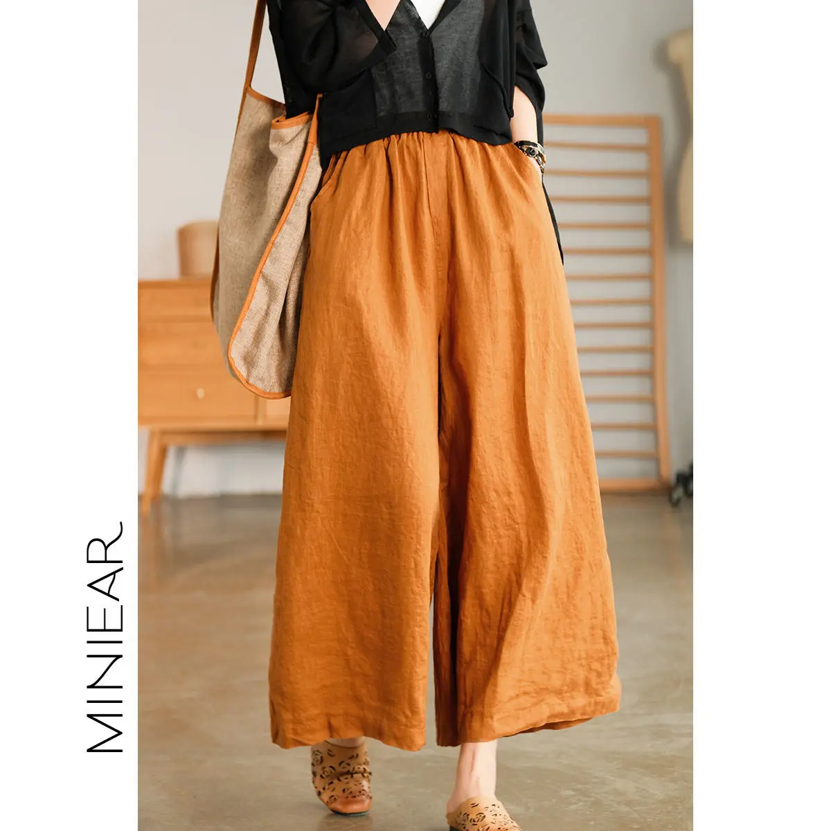 Loose Solid Color Flax Cotton Straight Ladies Vintage Elastic Waist Wide Leg Pants Summer Simplicity Comfortable Women Clothing