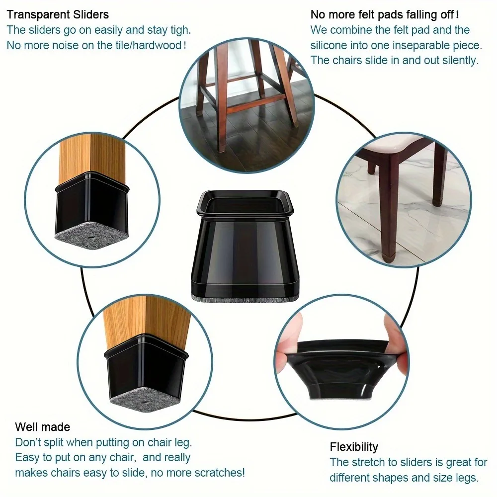 Silicone Chair Leg Floor Protectors with Felt Pads - 36 Pack, Black