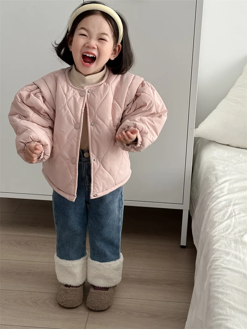 Girls Coat Winter New Childrens Wear Korean Baby Girl Foreign Cute Solid Color Plus Fleece Cotton Jacket Casual Simple