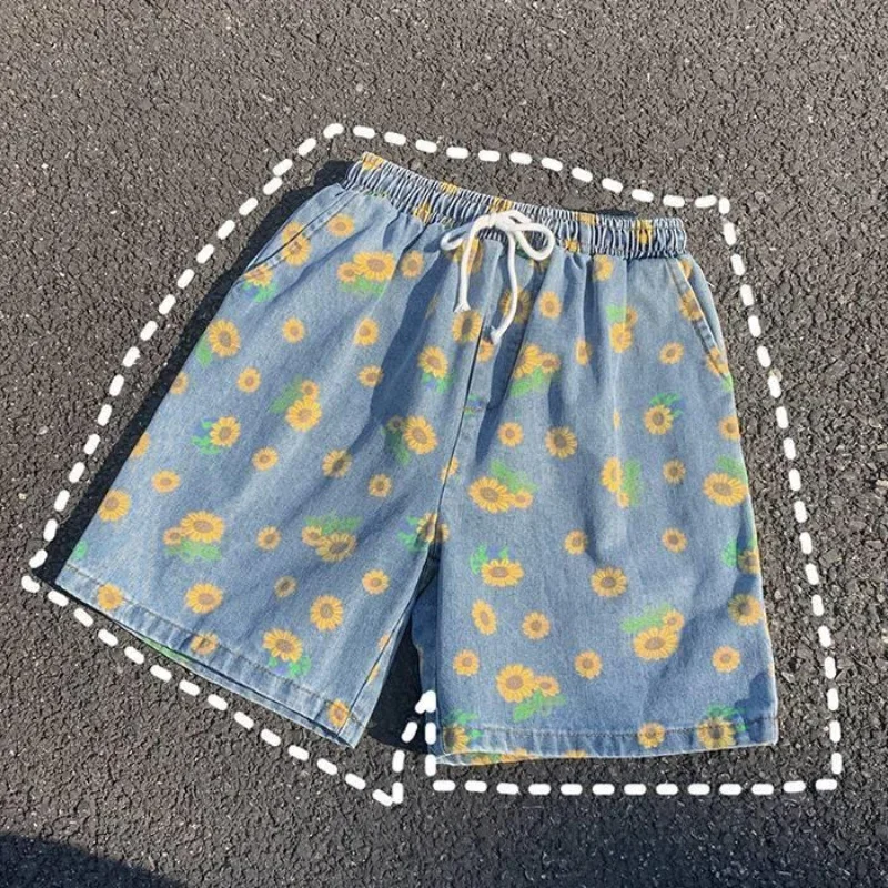 Daisy Denim Shorts Men's Summer High Street Capris Women Techwear Oversize Leisure Beach Pants Unisex Streetwear