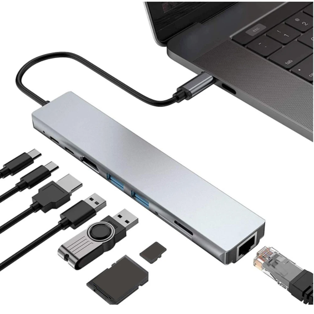 

Usb 8 In 1 Type C 3 1 To 4k Hdmi Hub Adapter With Sd Tf Rj45 Card Reader Pd Fast Charge For Macbook Notebook Computer
