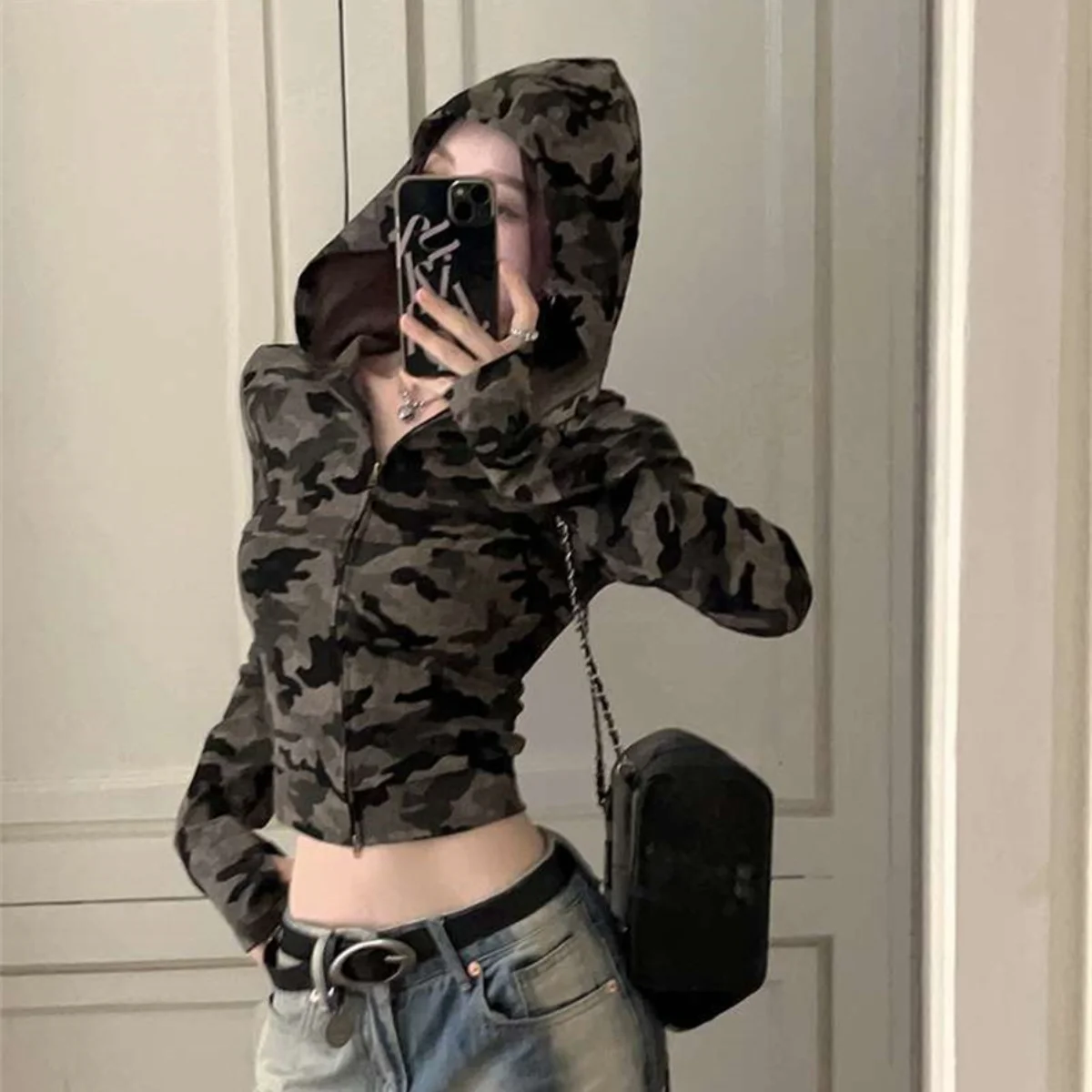 Retro Camo Streetwear Skinny Hooded T-shirts For Women Korean Fashion Camouflage Zipper Up Cropped Tops Chic Autumn Tee Shirts