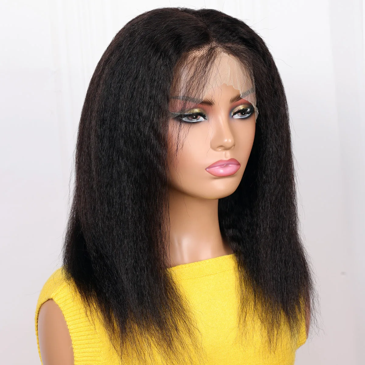 Lace Front Wig Soft Yaki Preplucked Middle Part Short Bob 16Inch 180Density Kinky Straight Synthetic With Baby Hair Glueless