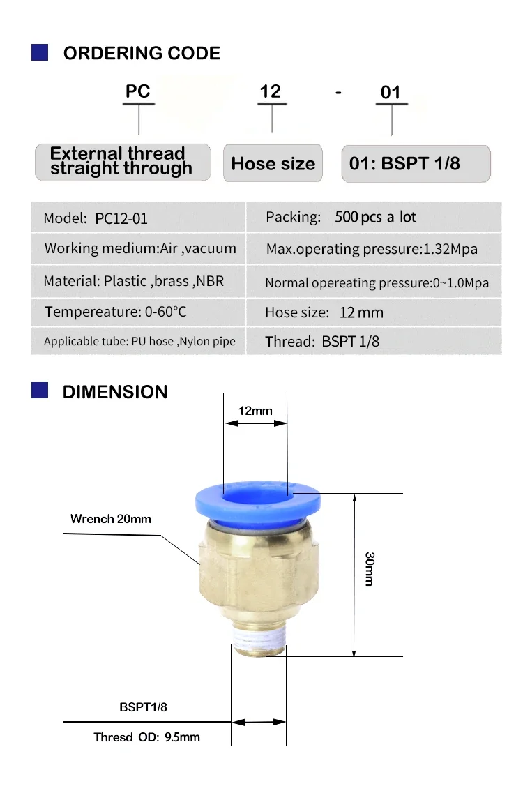Description Picture 3 of itemPC12-01 500PCS A Lot Quick Air Hose Connector 12mm To Thread BSP 1/8" Male Nipple Brass Coupling One-Touch Pneumatic Fitting
