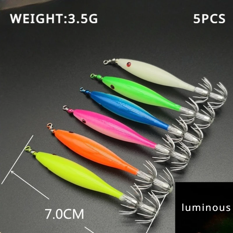 Hameçons leurre calamar 5 pièces lumineux 3.5g appât crevette simulée pour pêche au leurre