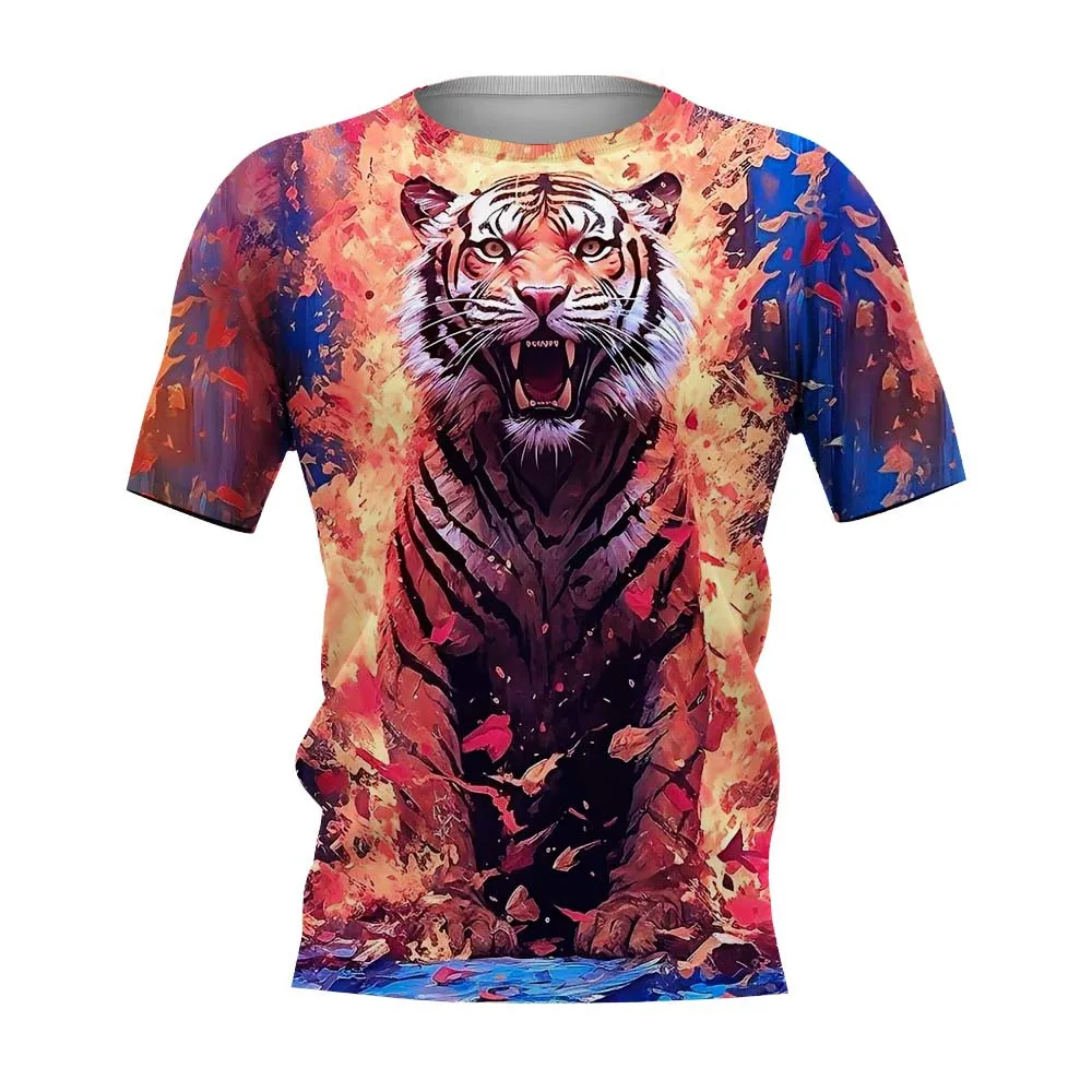 오버사이즈 남성 티셔츠 3D 호랑이 프린트 티셔츠 여름 캐주얼 남성 동물 패턴 티셔츠 O넥 패션 의류 프린트 티셔츠