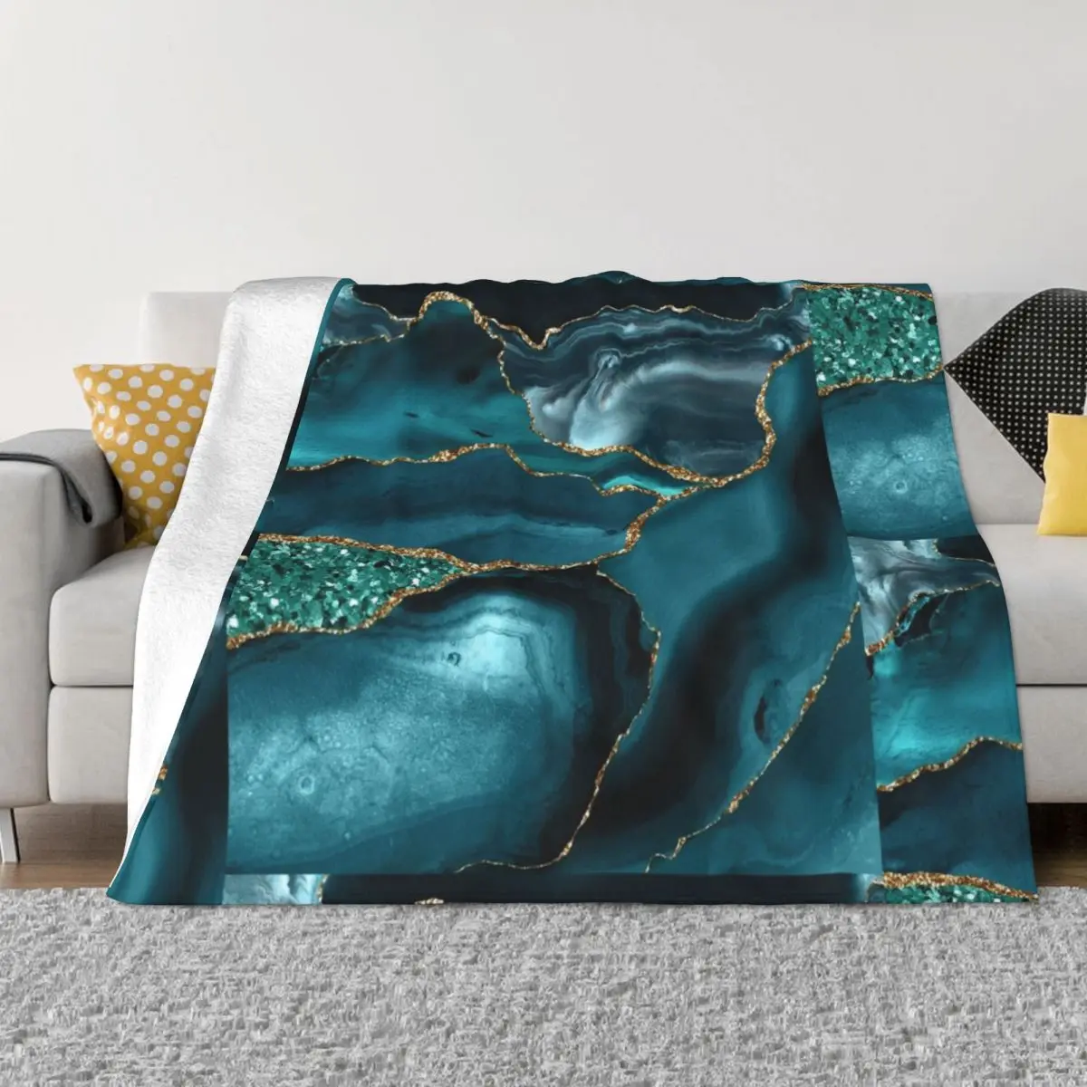 

Abstract Teal Blue and Gold Glitter Modern Geode Agate Design Throw Blanket Fluffy Softs Camping Blankets