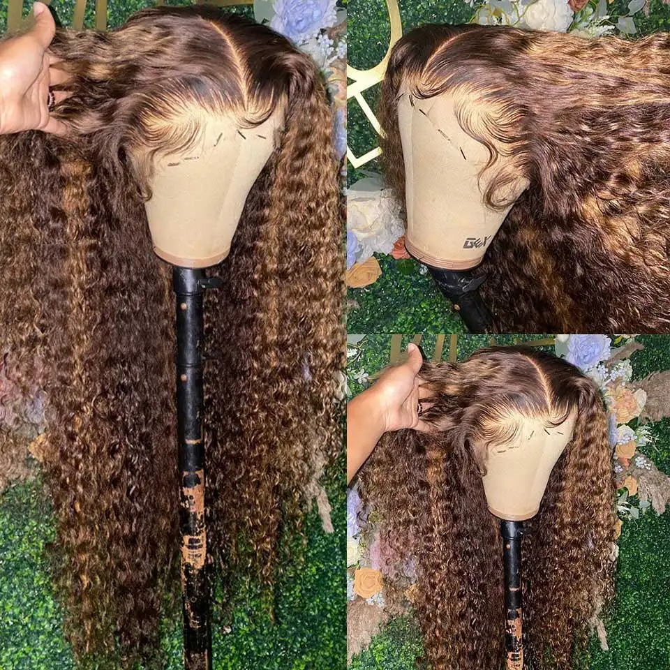 Perruque Lace Front Wig naturelle, cheveux bouclés, ombré, à reflets, couleur blond miel, HD, Deep Wave, 30, 34 pouces, pour femmes noires