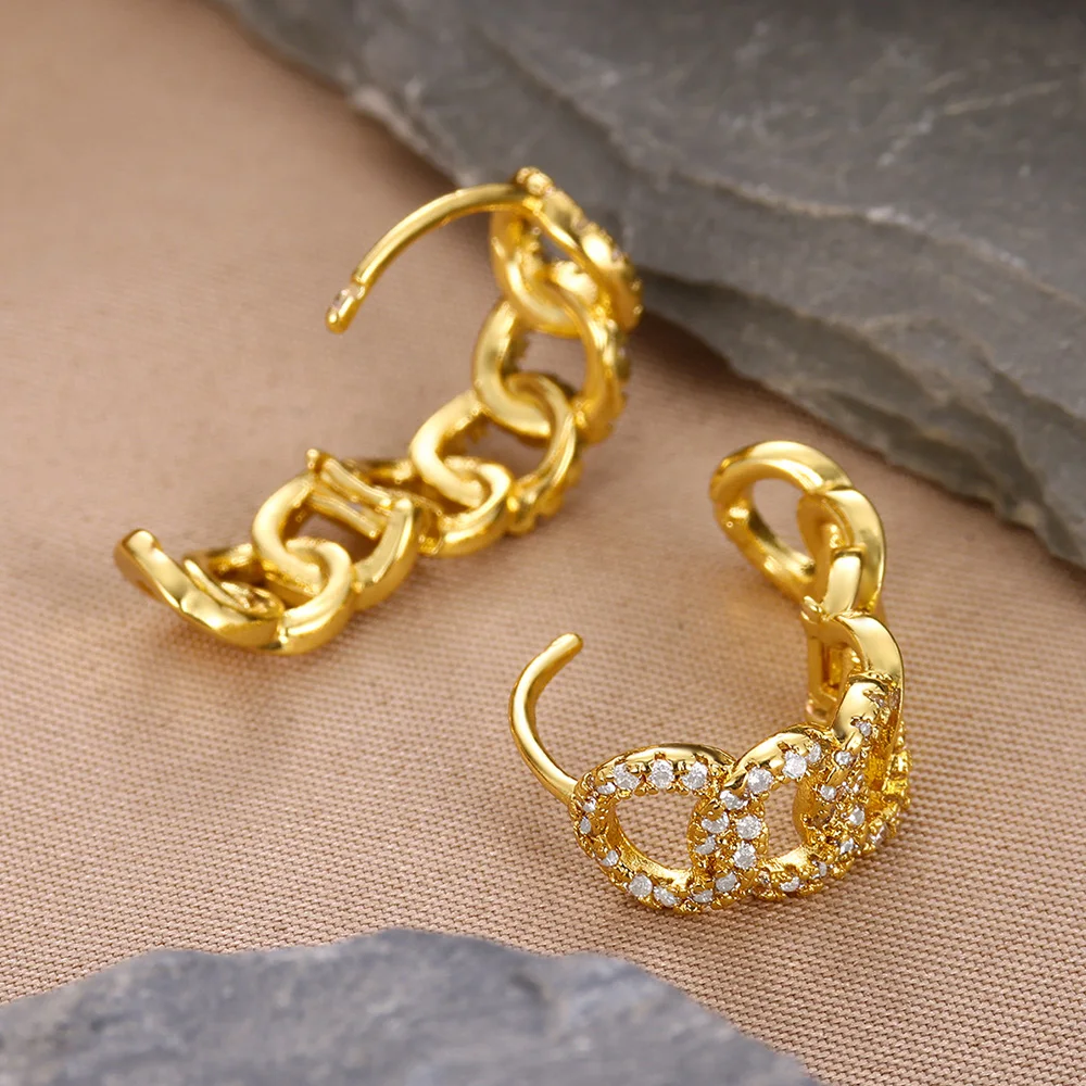 Luxury Zircon Cuba Chain Earrings Gold Color Geometric Stainless Steel