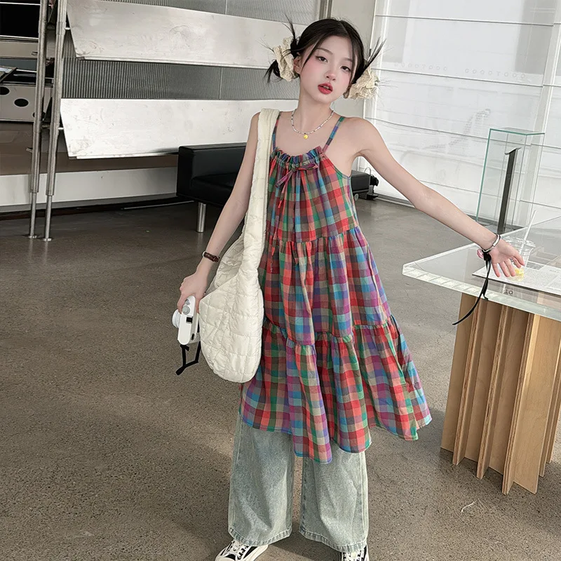 

Girls' dress, summer plaid suspender dress, girls' 2024 new niche Korean version long dress, stylish princess dress