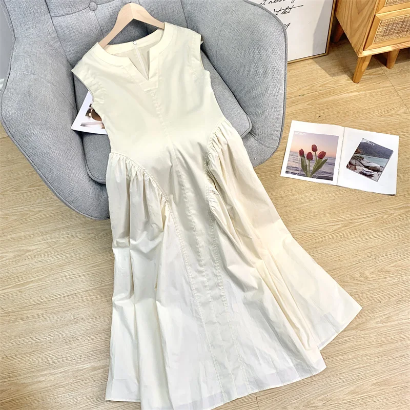 

Elegant Women White Dress Sleeveless V-Neck Slim Waist A-Line Summer Frocks Female Ankle Length Big Swing Casual Vestidos Outfit