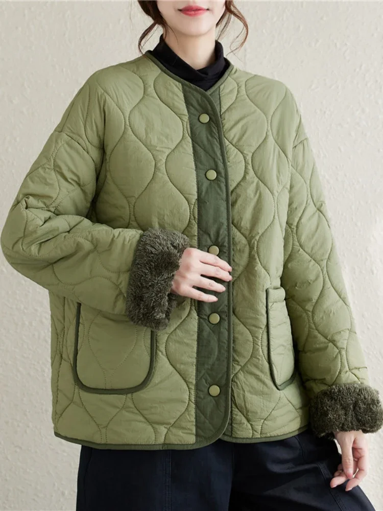 

Women Parkas Winter Coat Women Color Matching V-neck Single Breasted Plush Thick Lamb Wool Cotton Jacket for Women Clothing Tops