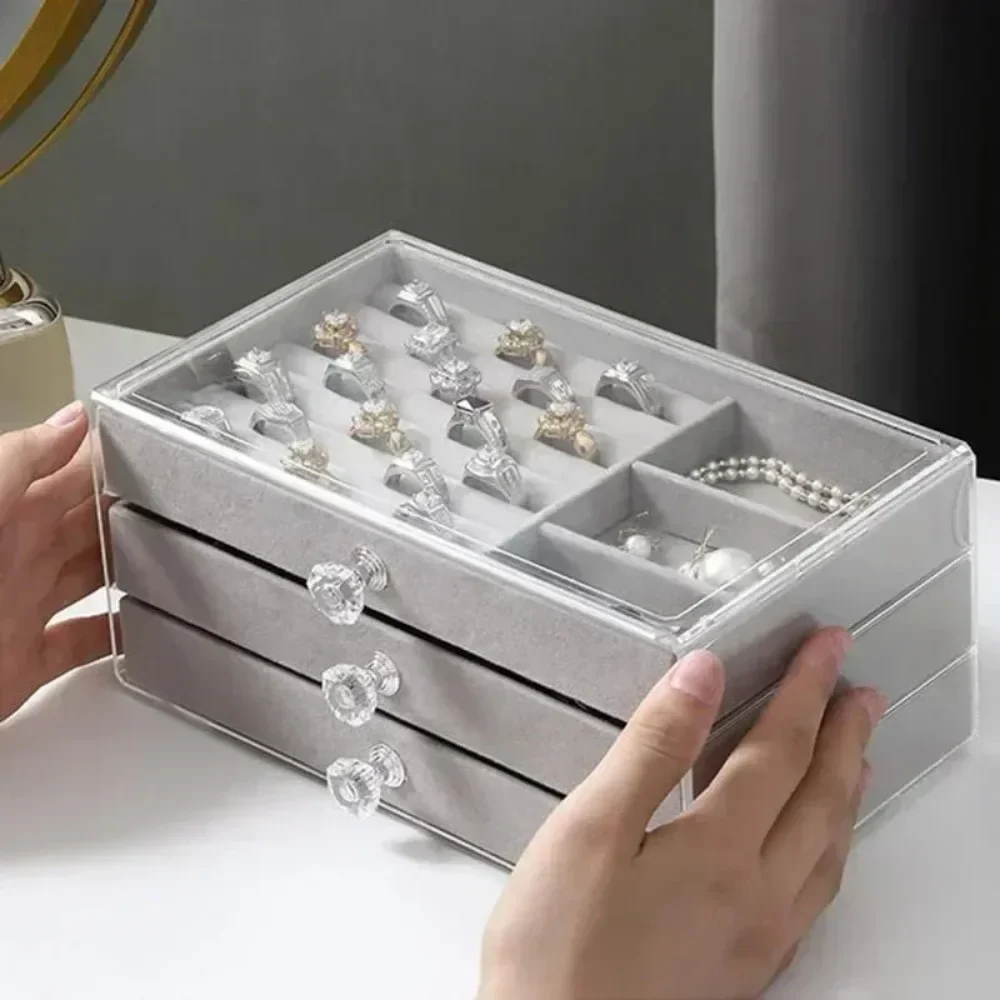 Acrylic Velvet Jewelry Organizer 3 Drawers Stackable Display Storage Earrings Necklace Bracelets Box Holder Case For Women
