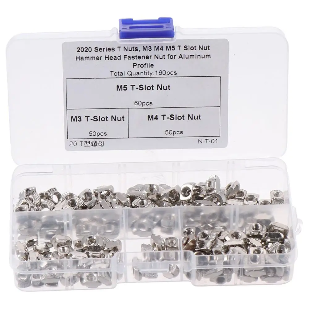 160Pcs M3 M4 M5 T Nuts Nickel Plated Carbon Steel with Storage Box 2020 Series T Nuts Nut Assortment Kit Aluminum Profile