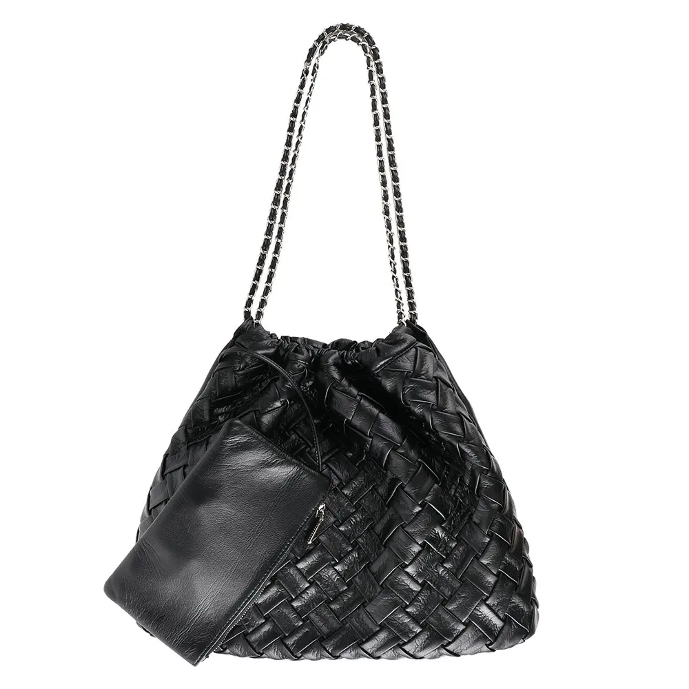 

Hand Woven Black Garbage Bag Chain Bucket Knitted Purse for Women Chic Shoulder Big Capacity Everyday Bag Casual