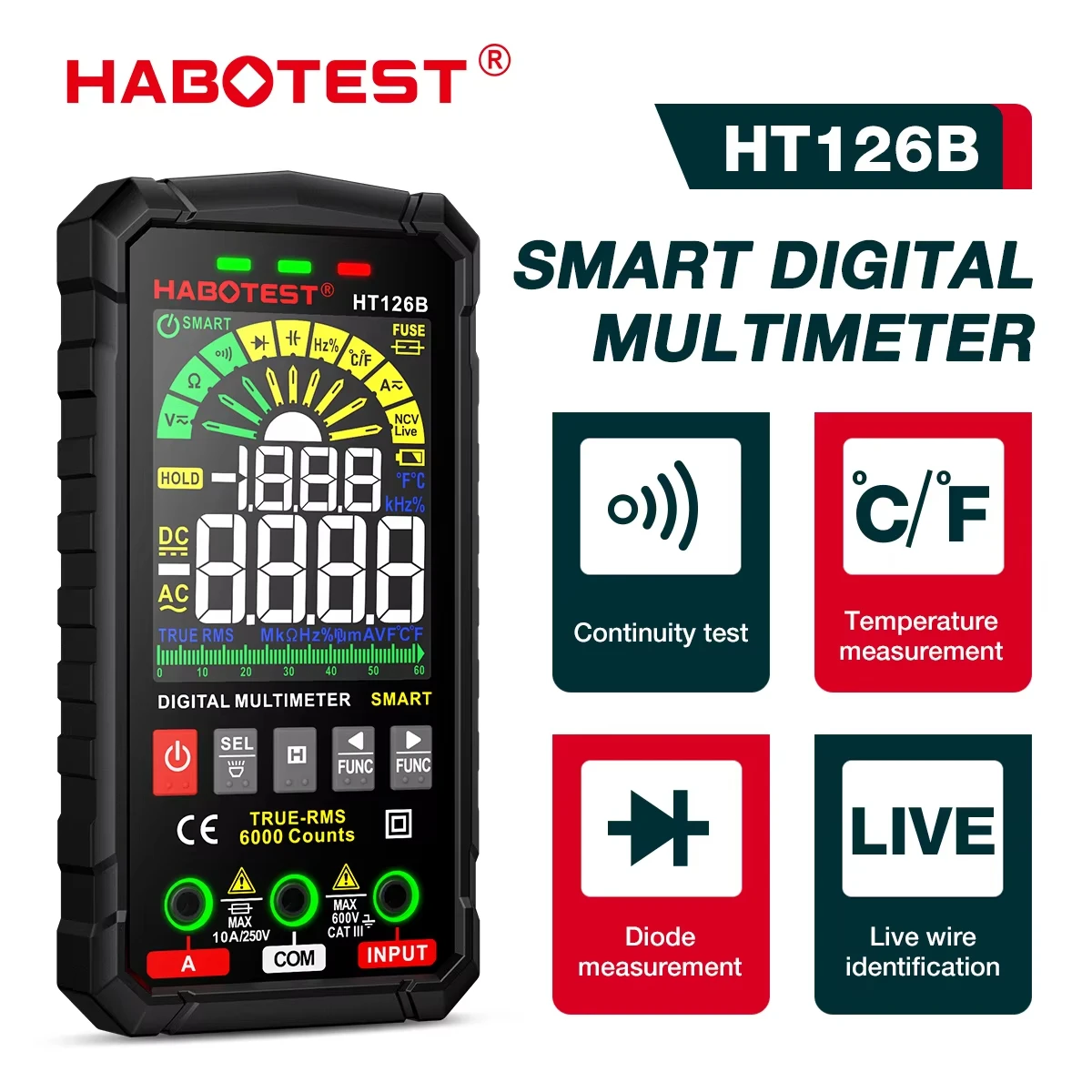 HABOTEST HT126 600V Digital Auto Range DMM Voltmeter True RMS AC DC NCV Voltage Meter 6000 Counts Smart digital multimeter multimeter tester analog multimeter