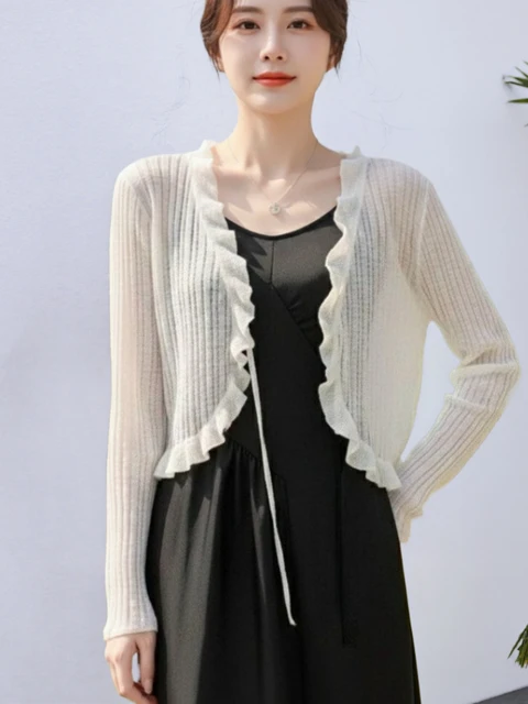 2026 Lace Trim Button Long Sleeve Women Crop Top Short Sleeve Open Front Ribbed Knit Cardigan Sweater Summer Fairycore Outfit 2