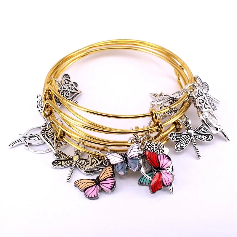 Bangle Bracelet 5pcs Bangle Set Wire Bracelets for Women Girls Jewelry Butterfly Parrot Dragonfly Love Heart Charms