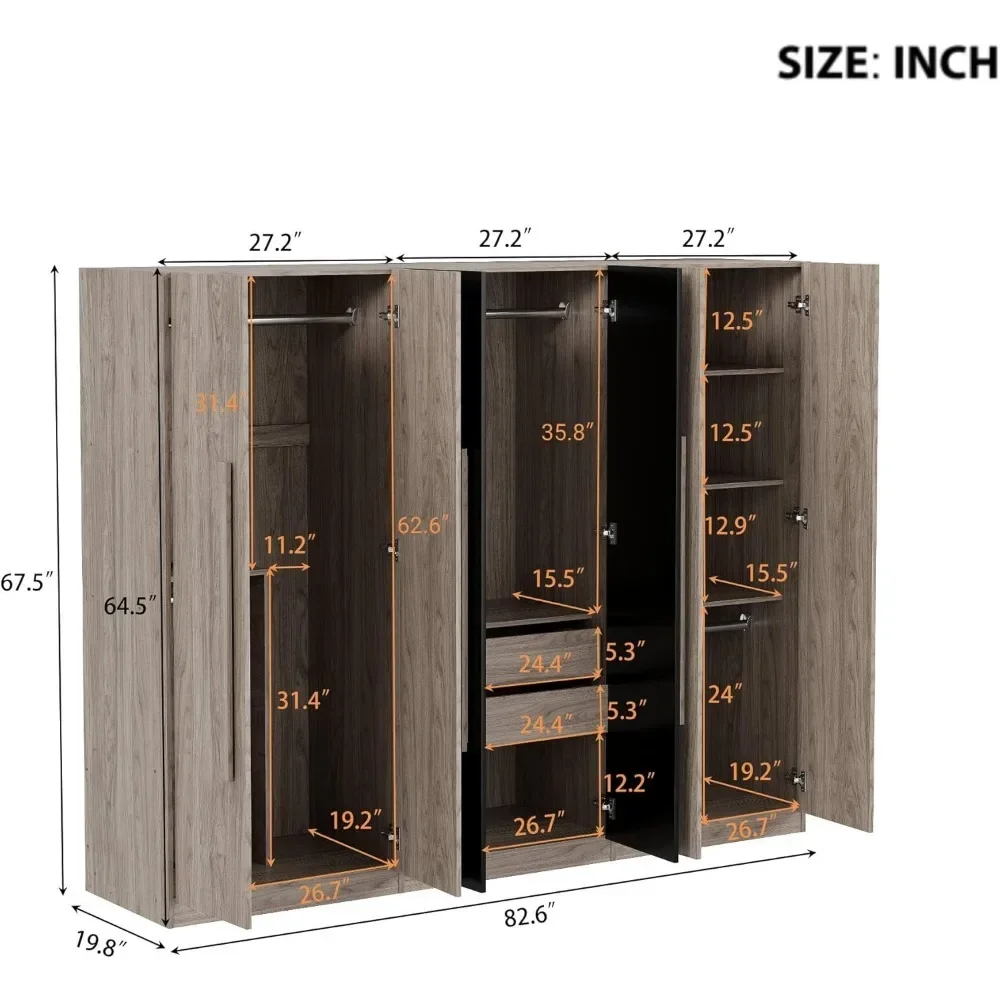 82.6" Wooden Armoire Wardrobe Cabinet with 6 Doors, 2 Drawers, 4 Storage Shelves & 4 Hanging Rods, Armoire Wardrobes Closet 5