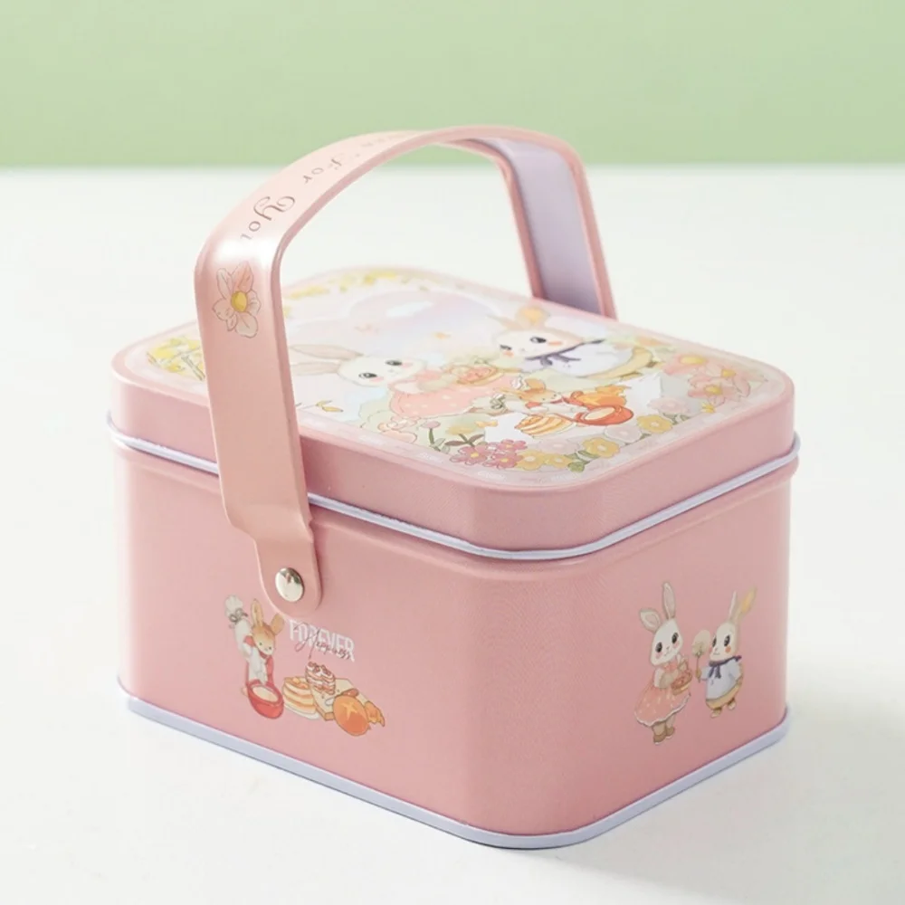 Quadratische Pralinenschachtel mit tragbarem Griff, handbemalte Kaninchen-Blechbox, Keksschmuck, Geschenkverpackung für Hochzeit, Ostern, Party – Detail 6