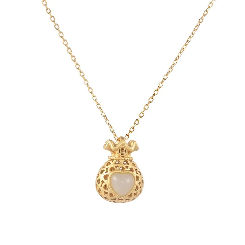 

XL246 ZFSILVER S925 Sterling Silver Fashion Trendy Hetian Jade Fine 3D Hollow Money Bag Necklaces For Girl Women Wedding Jewelry