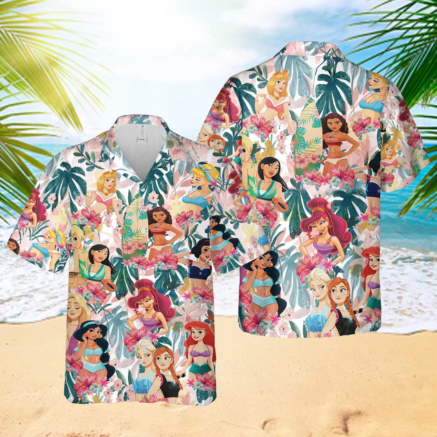 

Гавайская рубашка с короткими рукавами для мужчин и женщин, летняя Гавайская Повседневная пляжная рубашка на пуговицах с героями мультфильмов Диснея принцессы, 2024