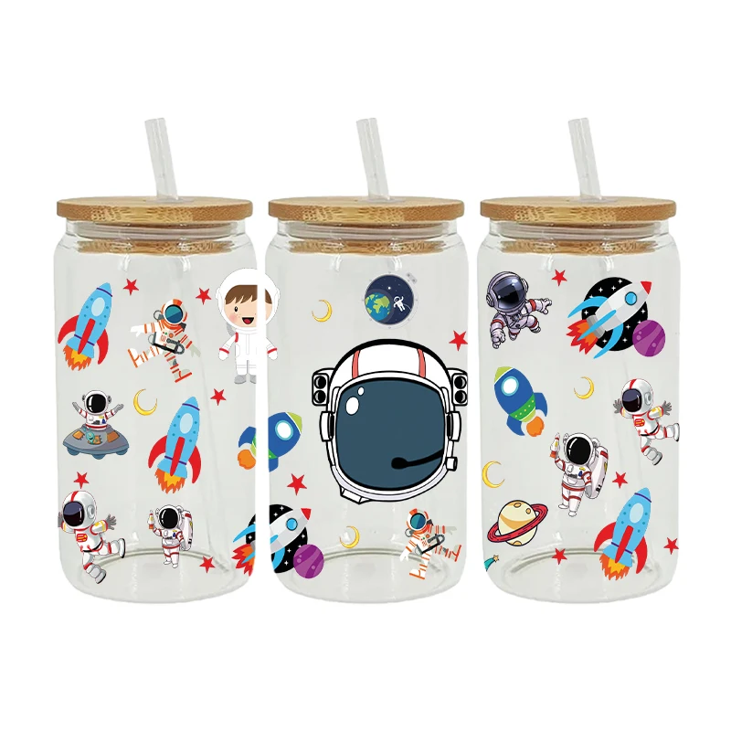 UV DTF Space Galaxy Astronaut and Planet Can Glass Wrap Printed For 16oz Libbey Glasses Can Wraps D11371