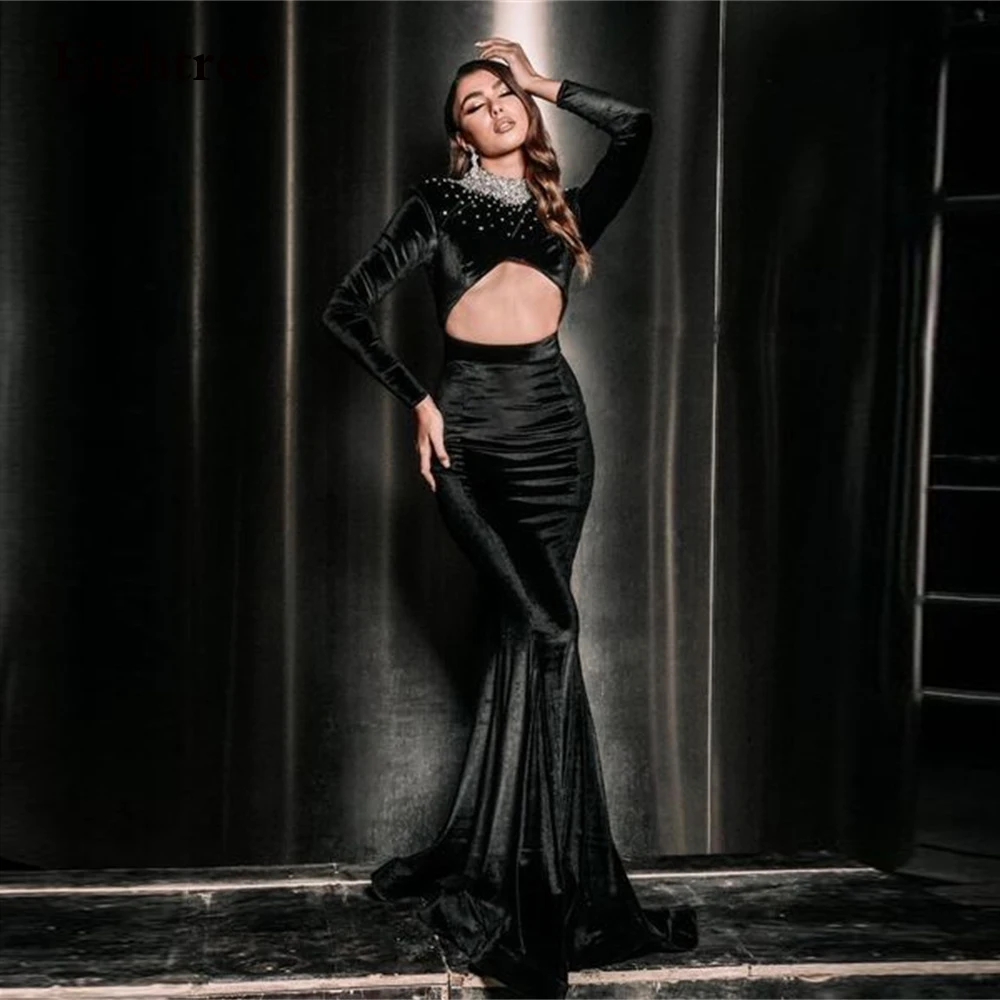 

Eightree Vintage Mermaid Evening Dresses Velour Beadings Glitter Long Sleeves Abendkleider Dubai Party Dresses Vestido De Noche