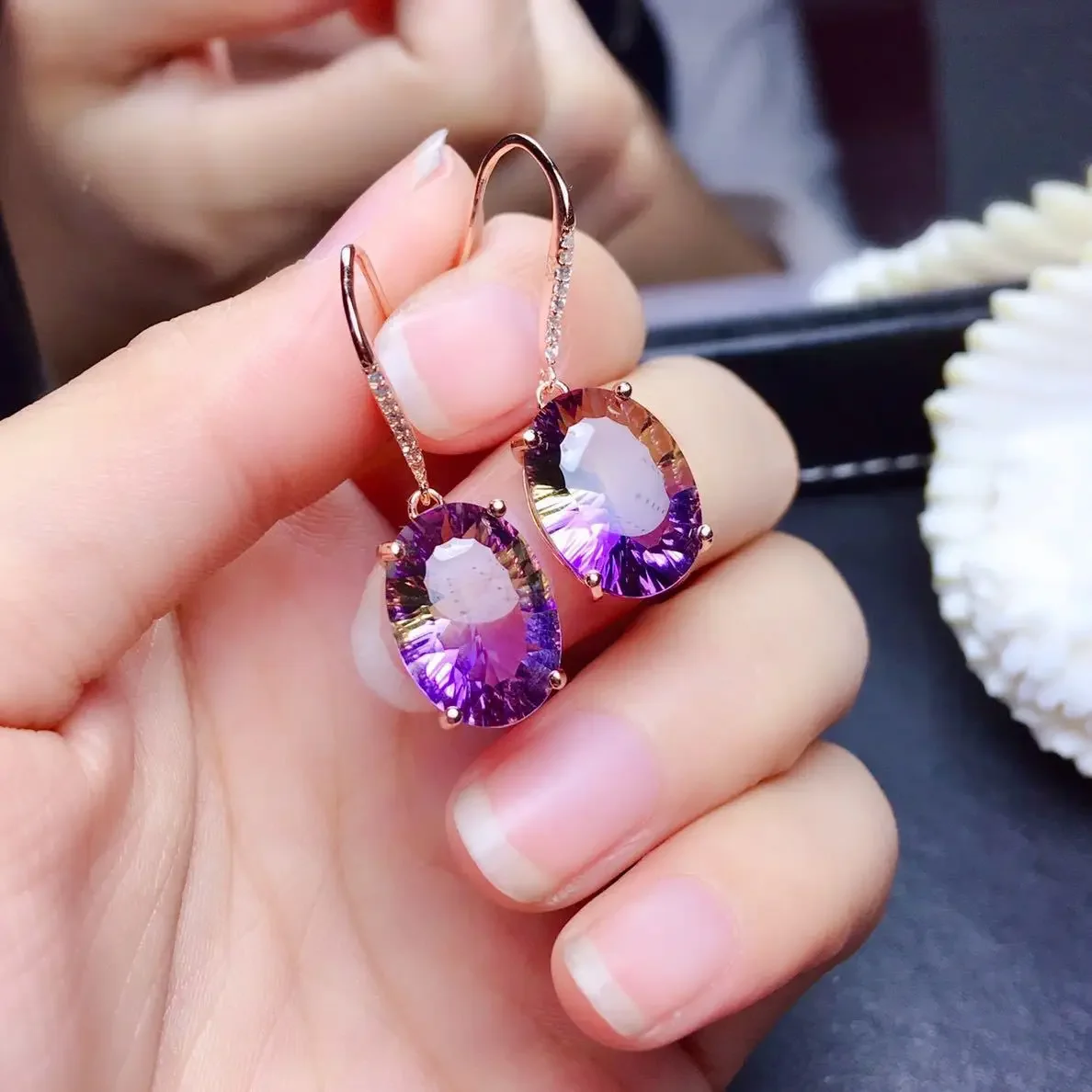 

14K Rose Gold Drop Earring Natural Amethyst Gemstone Bizuteria for Women Pure Stone Aretes De Mujer Orecchini Kolczyki Earrings